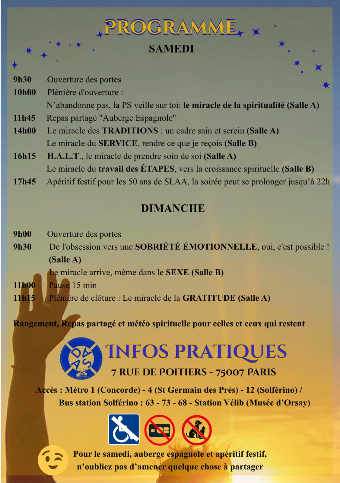 Verso de l&rsquo;affiche du congrès : le programme détaillé du samedi et du dimanche, puis les infos pratiques — adresse, accès en métro, bus et Vélib, accessibilité aux personnes à mobilité réduite, carte bancaire non acceptée, animaux non admis, et le rappel d&rsquo;amener quelque chose à partager pour l&rsquo;auberge espagnole. Ces informations sont reprises en toutes lettres ci-dessus.