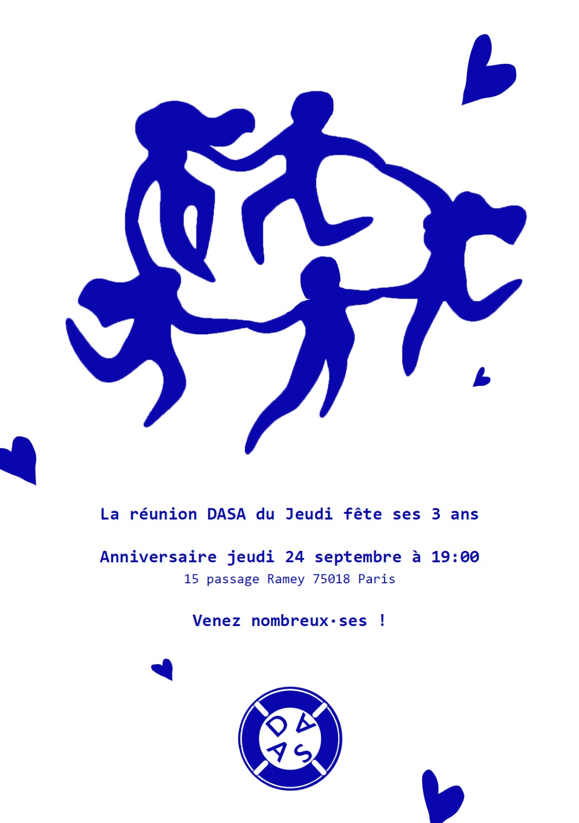 Affiche de l&rsquo;anniversaire : une ronde de silhouettes dessinées en bleu, entourée de cœurs. La réunion DASA du jeudi fête ses 3 ans, jeudi 24 septembre à 19 h, 15 passage Ramey 75018 Paris.