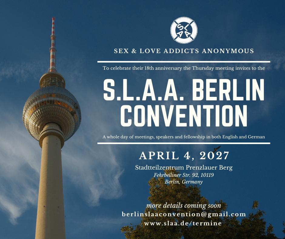 Affiche de la convention : la tour de télévision de Berlin sur un ciel bleu, avec le logo S.L.A.A. et le titre « S.L.A.A. Berlin Convention », le 4 avril 2027 au Stadtteilzentrum Prenzlauer Berg, Fehrbelliner Str. 92, 10119 Berlin.