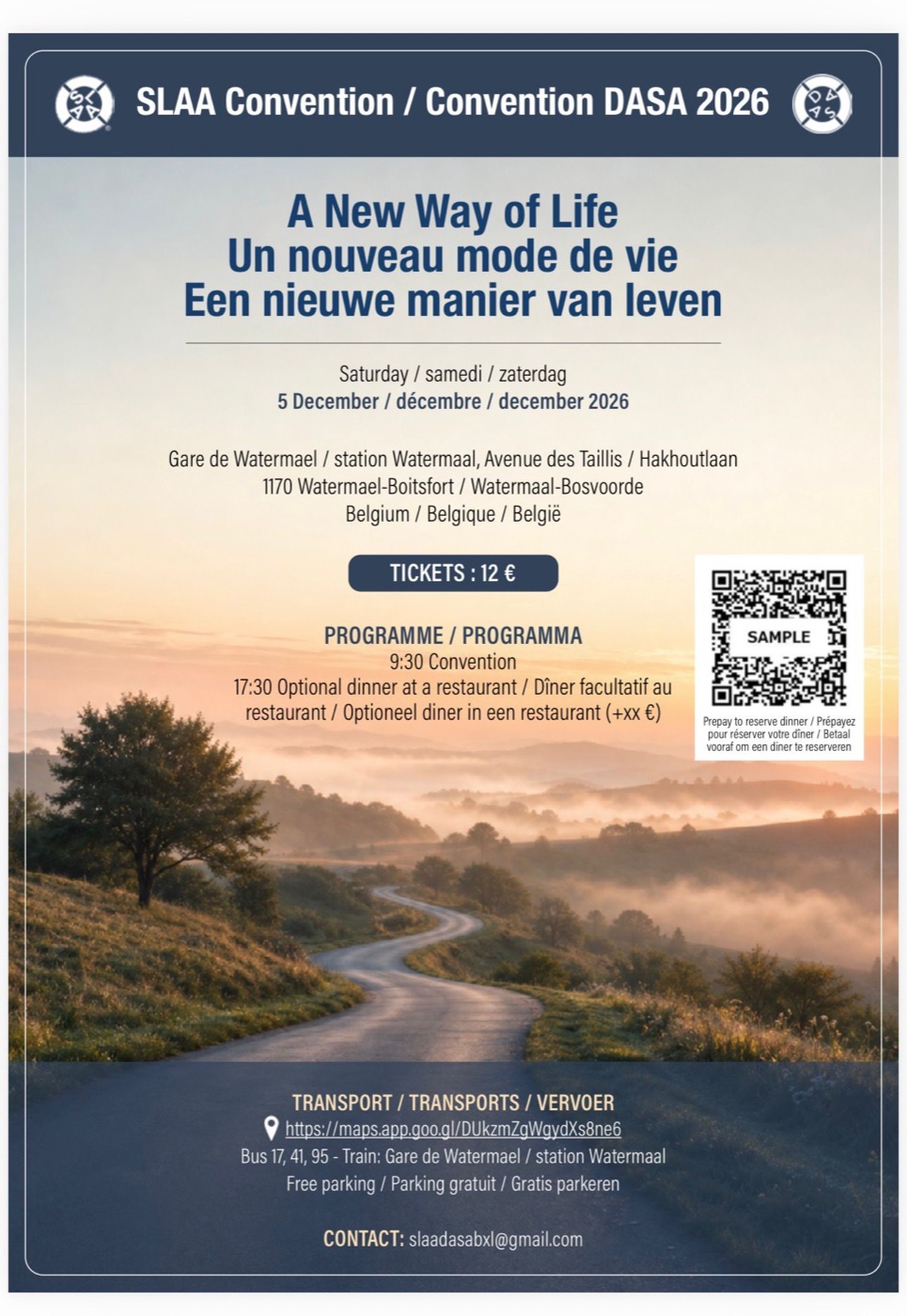 Affiche de la convention : une route sinueuse dans une campagne brumeuse au lever du soleil, sous le titre « Un nouveau mode de vie », en anglais, français et néerlandais. Convention S.L.A.A. / DASA 2026, samedi 5 décembre 2026, gare de Watermael, avenue des Taillis, 1170 Watermael-Boitsfort, Belgique. Tickets 12 €. Programme : 9 h 30 convention, 17 h 30 dîner facultatif au restaurant. Contact : slaadasabxl@gmail.com.