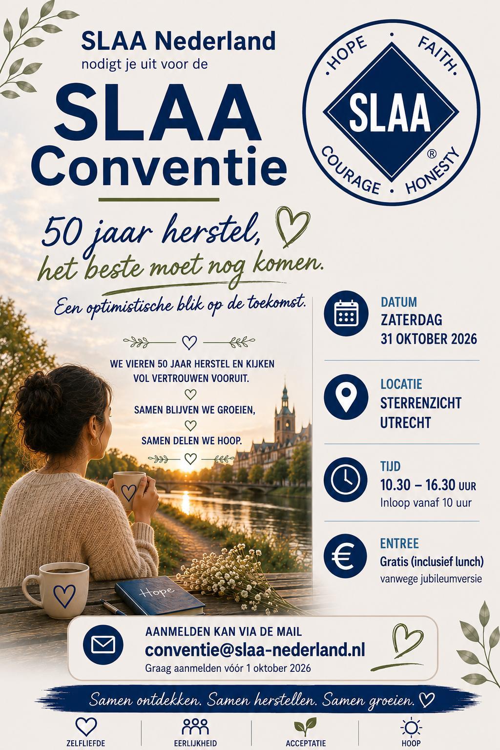 Affiche de la convention : une femme de dos, une tasse à la main, regardant un canal d&rsquo;Utrecht au soleil couchant, avec le logo S.L.A.A. Convention S.L.A.A. Nederland, samedi 31 octobre 2026, de 10 h 30 à 16 h 30, au Sterrenzicht à Utrecht. Entrée gratuite, déjeuner compris. Inscription à conventie@slaa-nederland.nl avant le 1er octobre 2026.